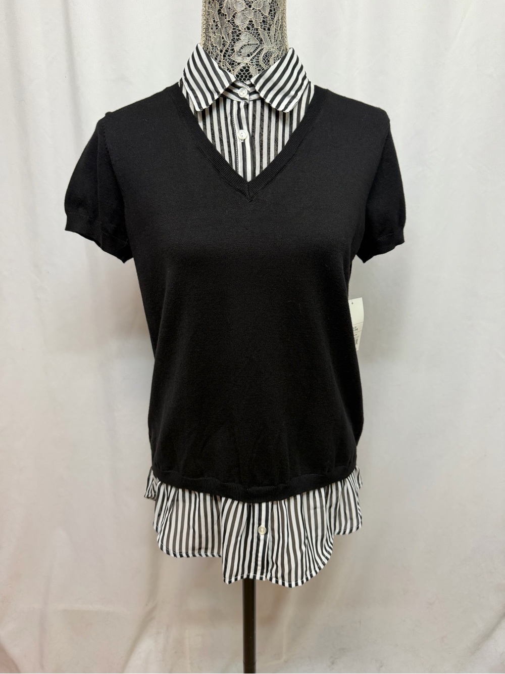 George NWT Womens Large 12-14 Black 2fer Sweater Striped Collared Shirt